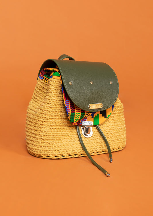 crocheted, golden-yellow and forest green bag, with an African style print