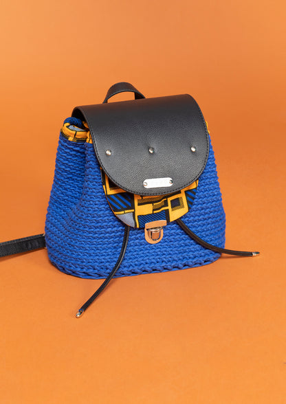 crocheted, blue and black bag, with an African style, orange print